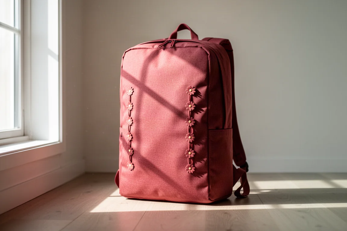 Red hybrid travel backpack standing on a wooden floor in soft window light