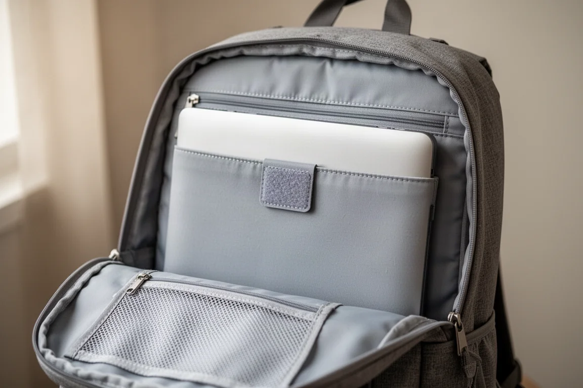 Open backpack main compartment showing a padded laptop sleeve and Velcro strap