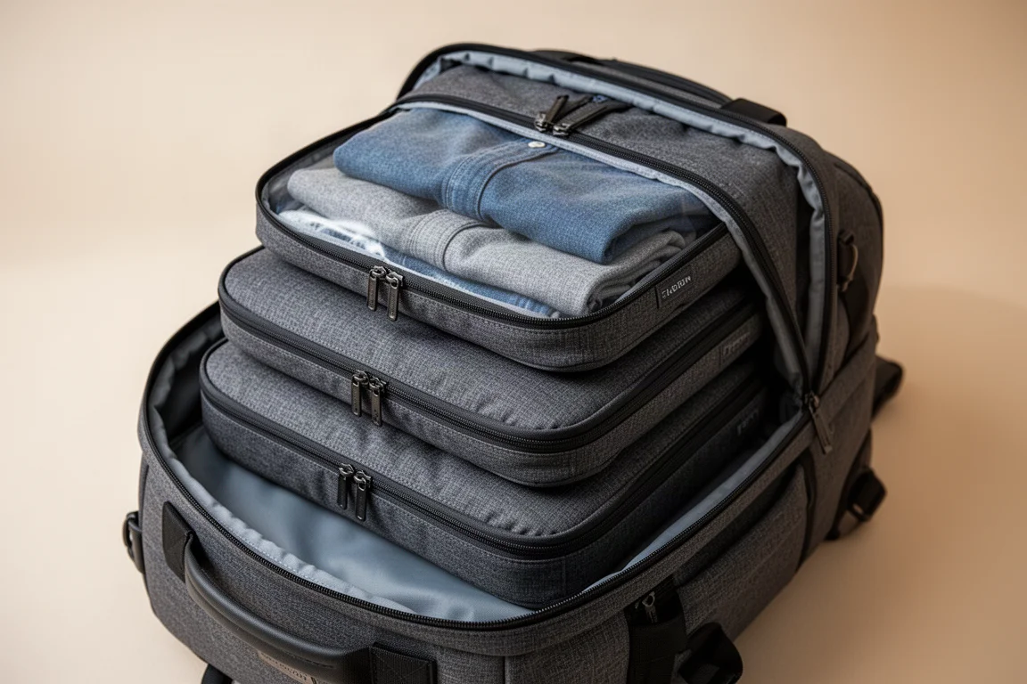 Compression packing cubes stacked inside an open travel backpack