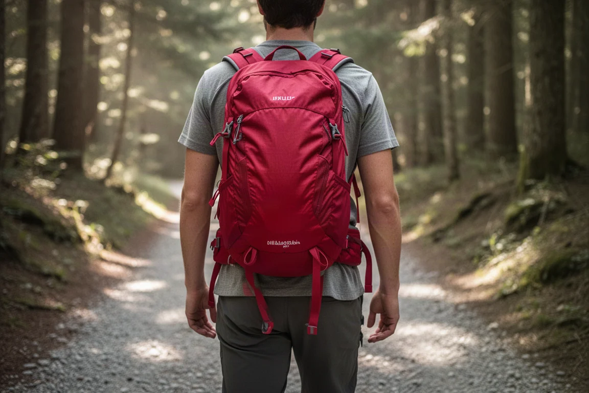 Hiker wearing a lightweight backpack on a forest trail in soft afternoon light