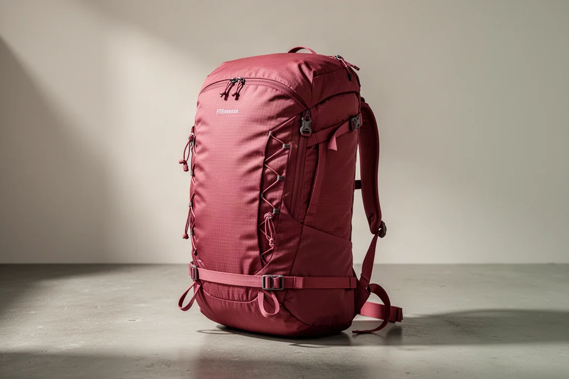 霧紅色 30L 混合型旅行背包直立放在水泥地上