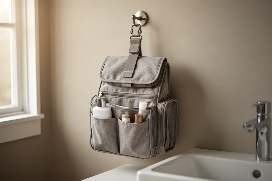 Hängendes Kultur-Set an einem Haken über einem Waschbecken im Badezimmer