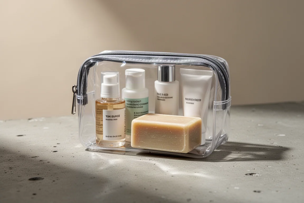 Abnehmbare, transparente Reißverschlusstasche mit Reisegrößen-Flaschen für Toilettartikel