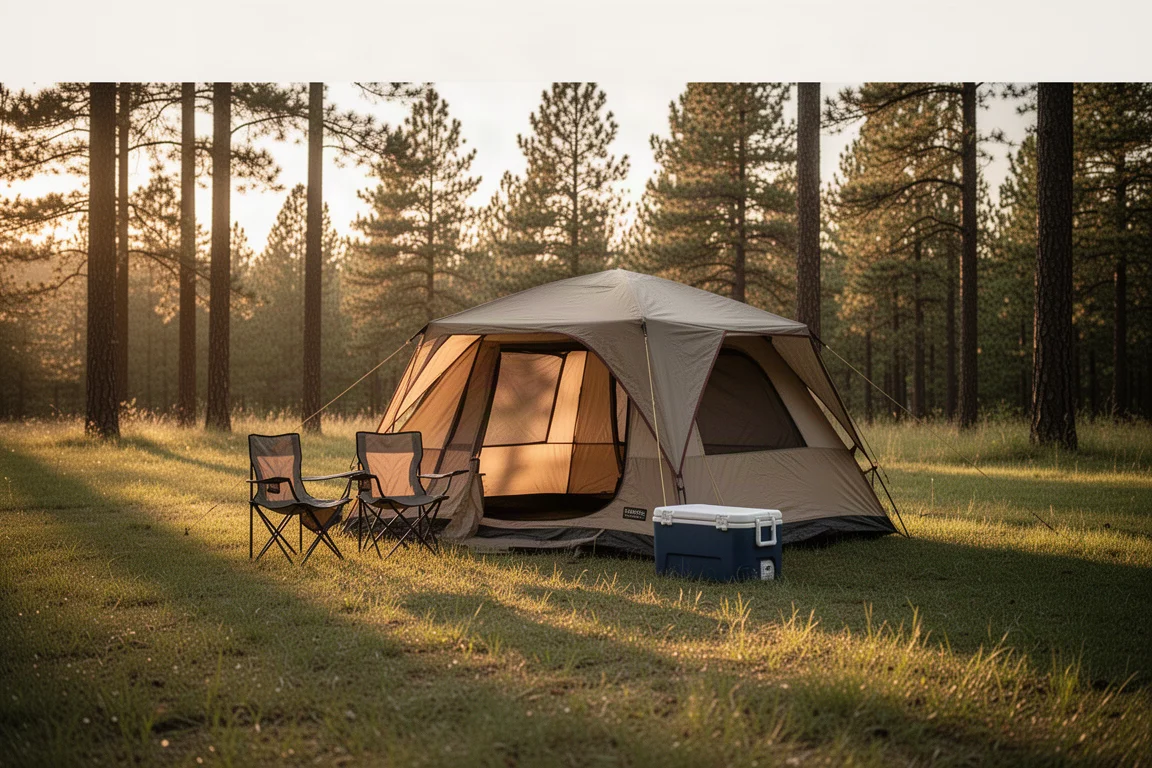 Tenda cabina con sedie da campeggio e un frigorifero portatile su un prato al tramonto