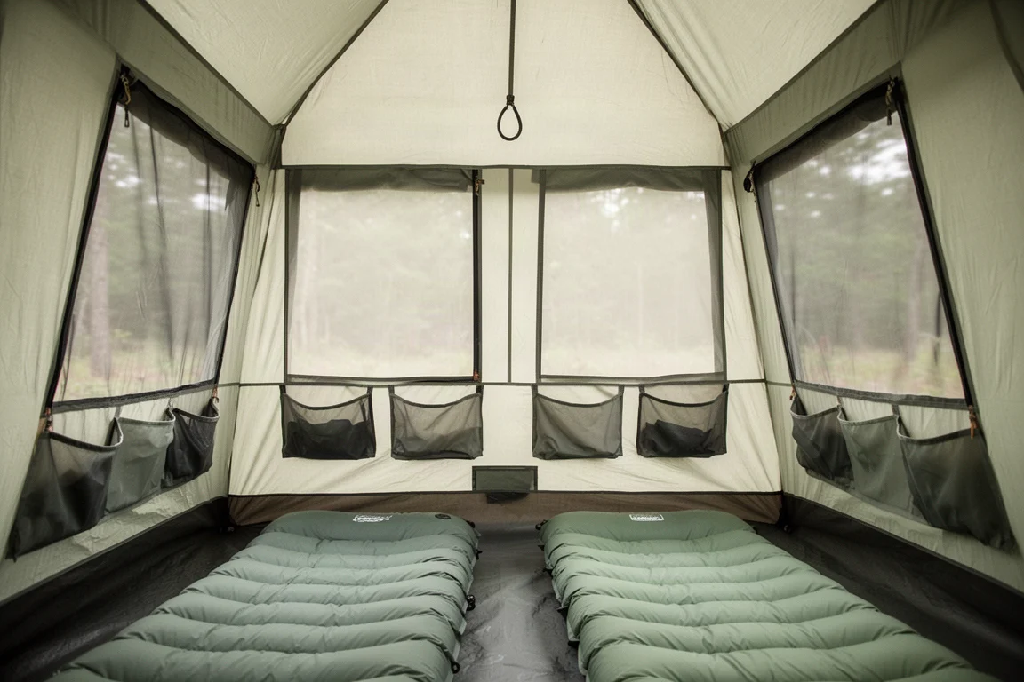 Interno di una tenda cabina con finestre in zanzariera, tasche a parete e stuoie