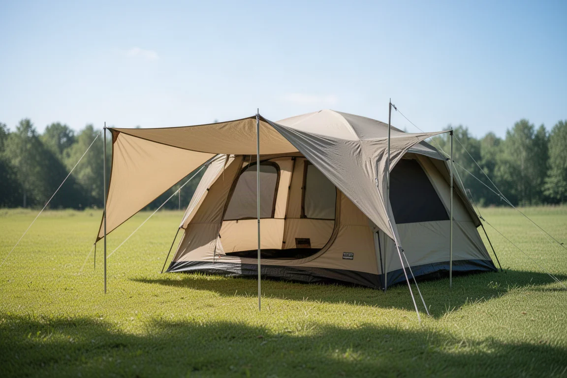 Tenda cabina con la veranda estesa in un ampio tendalino su un campeggio soleggiato