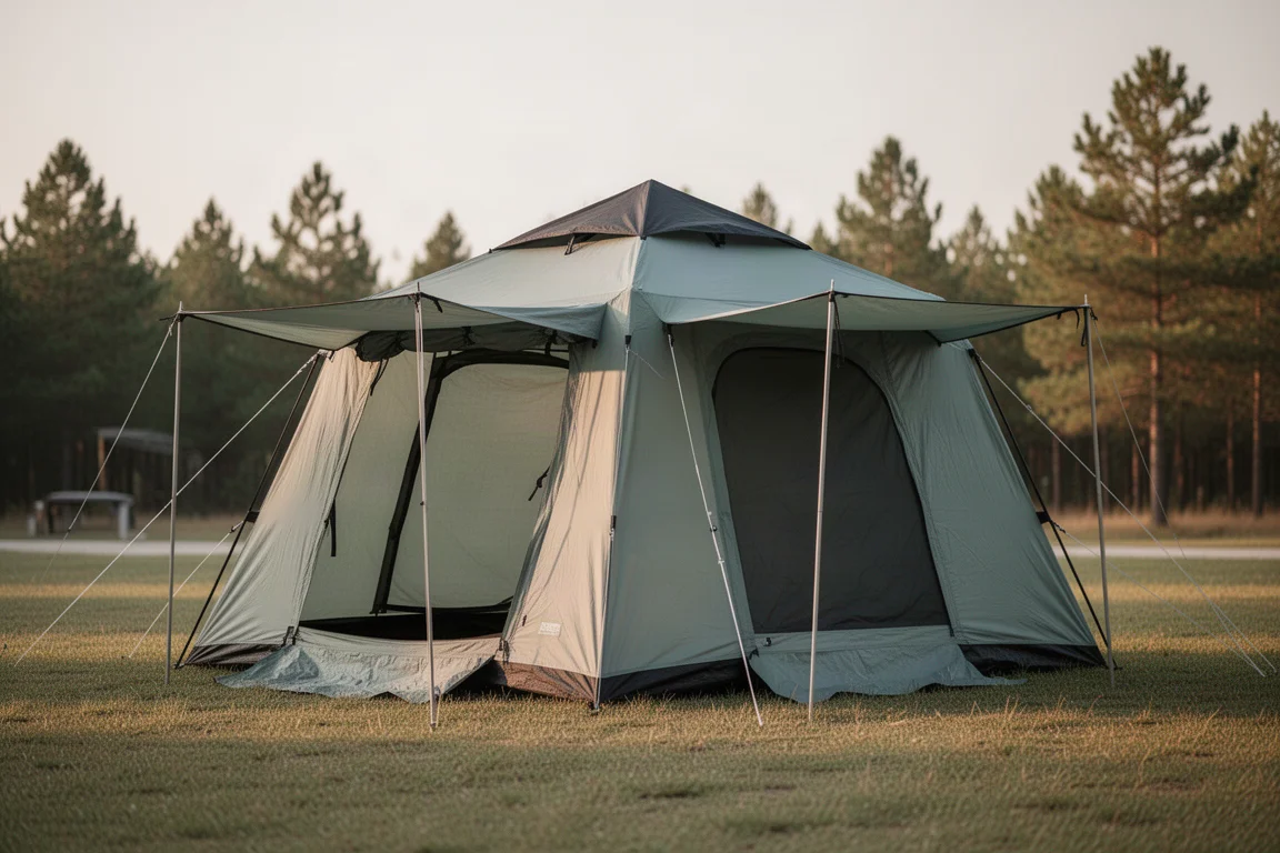 Four-person cabin tent with a small top rainfly pitched on grass at a campsite