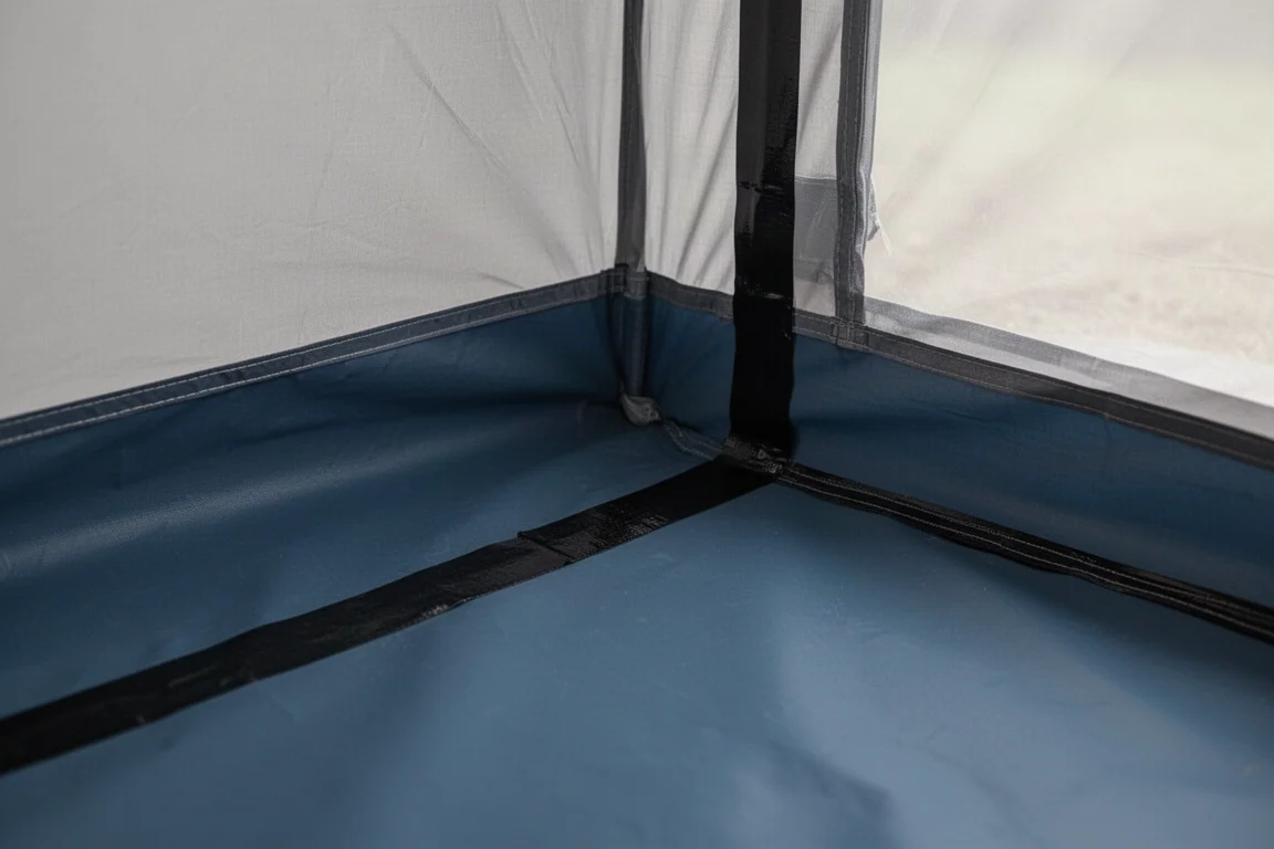 Close-up de uma costura selada no canto de um piso de barraca azul