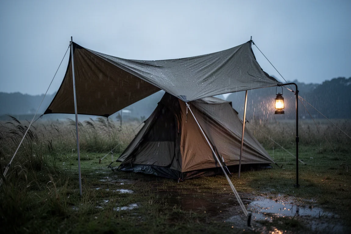 Barraca tipo cabana ao anoitecer com uma lona esticada sobre ela sob vento e chuva