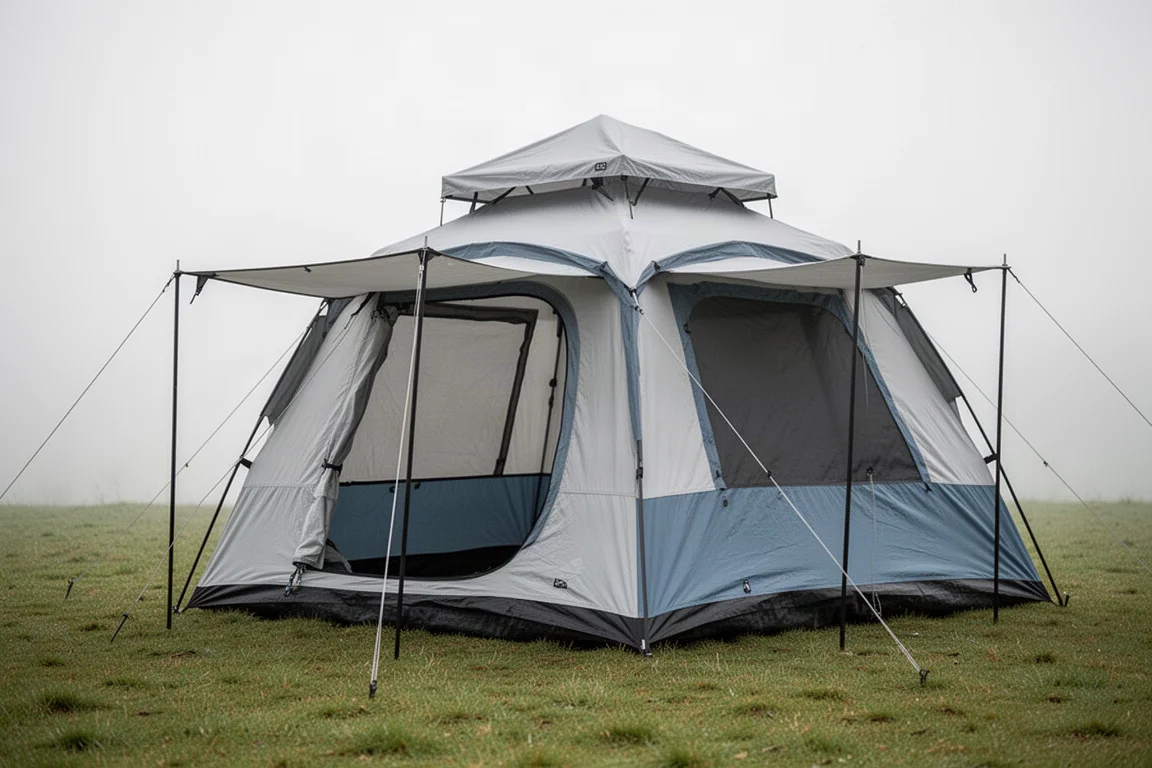 Cabin-style camping tent with a small awning pitched on grass under an overcast sky