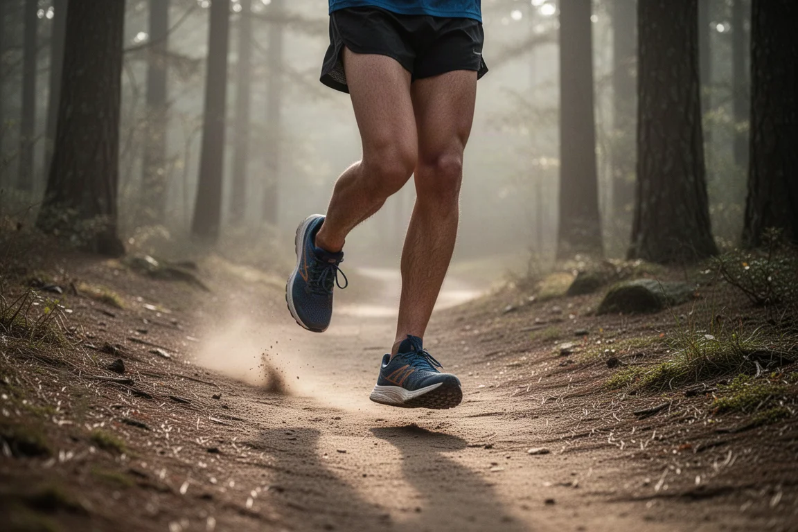 Biegacz trailowy poruszający się wąską leśną ścieżką w porannym świetle