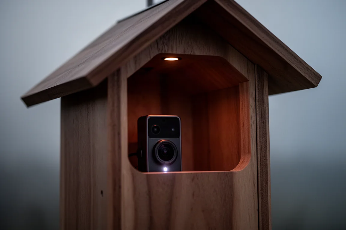 Cameramodule van het slimme vogelhuisje in de schemering in grijstinten-nachtzicht