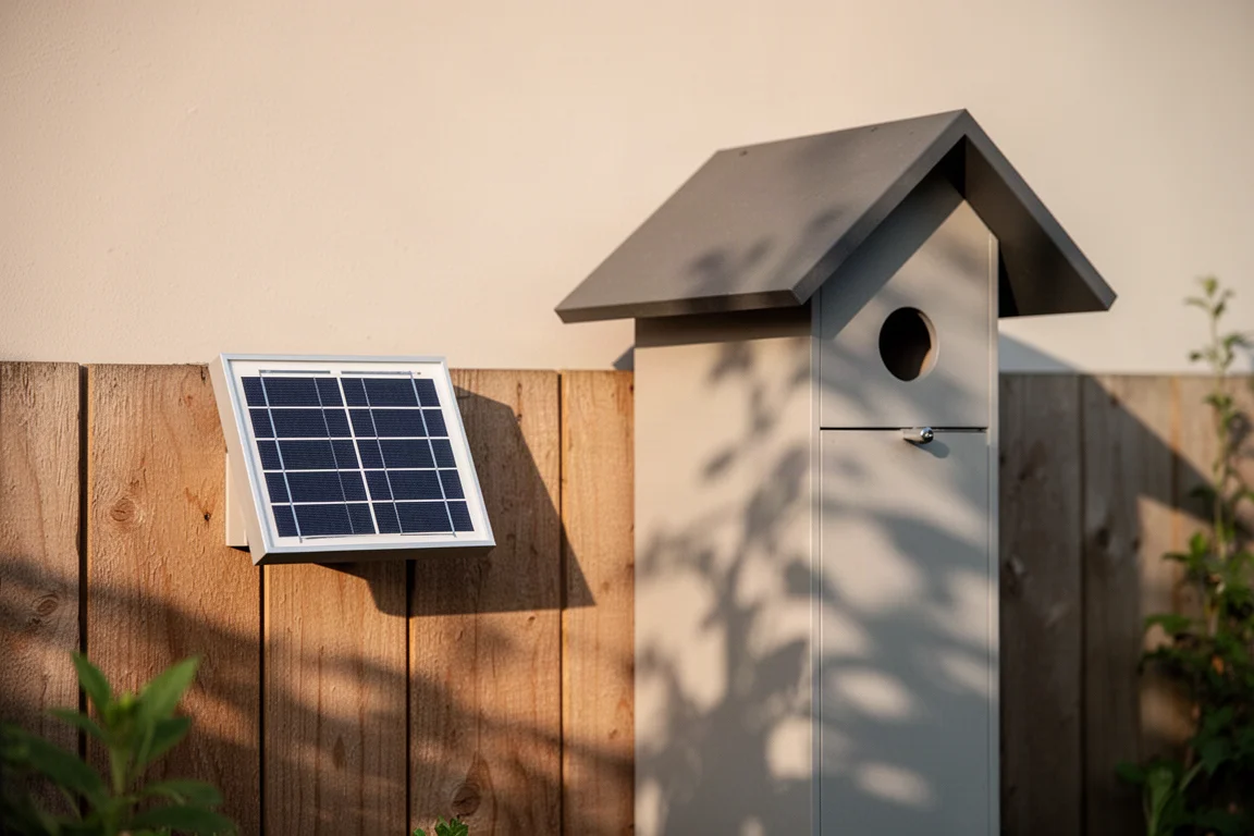 Zonnepaneel gemonteerd nabij een vogelhuisje op een tuinmuur bij daglicht