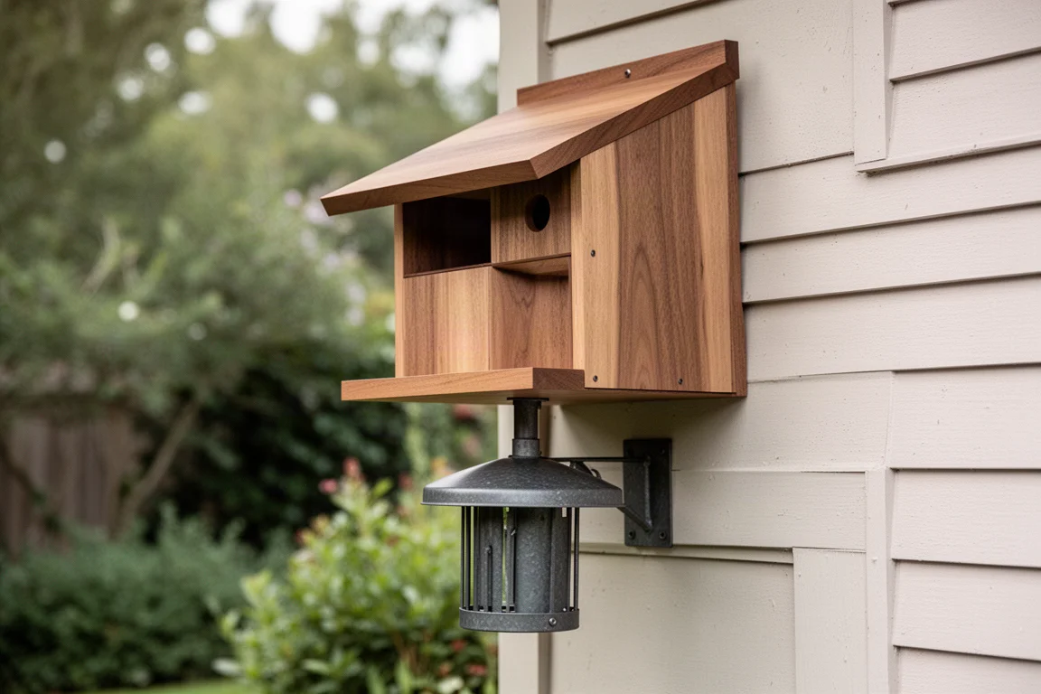 Modern vogelhuisje aan een huiswand gemonteerd met een eekhoornafweerder eronder