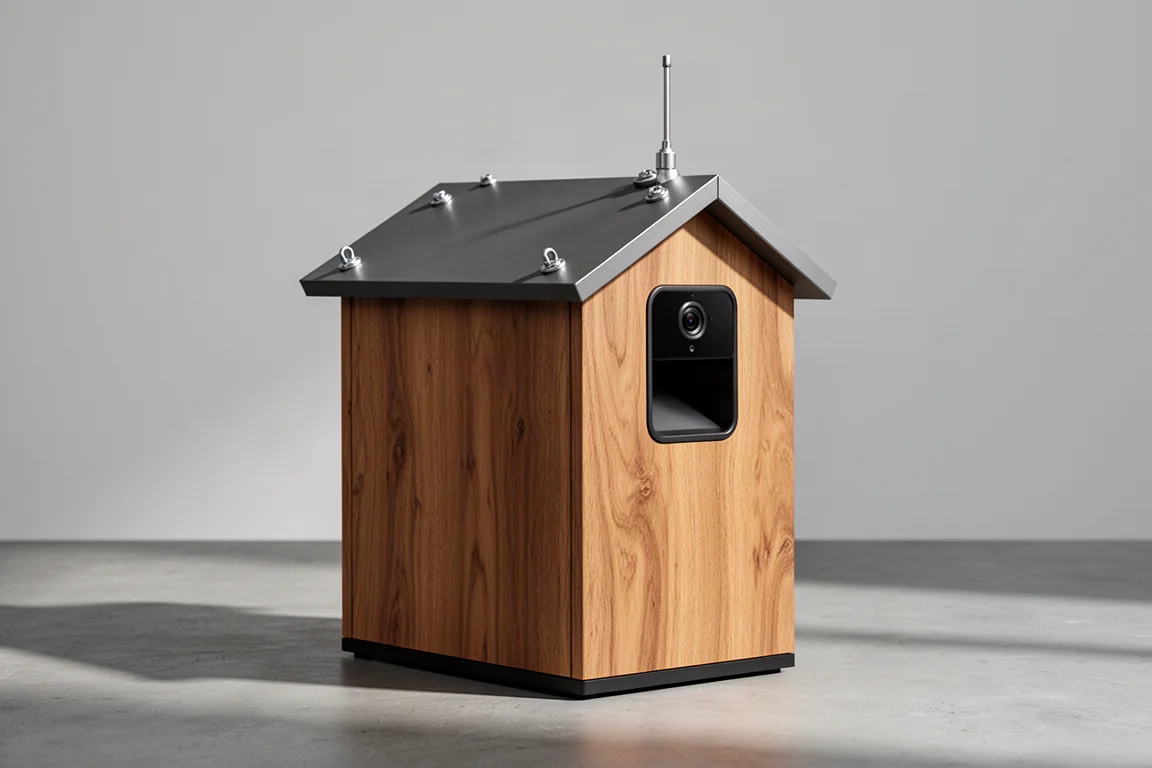 Large modern wooden smart bird house on a concrete surface