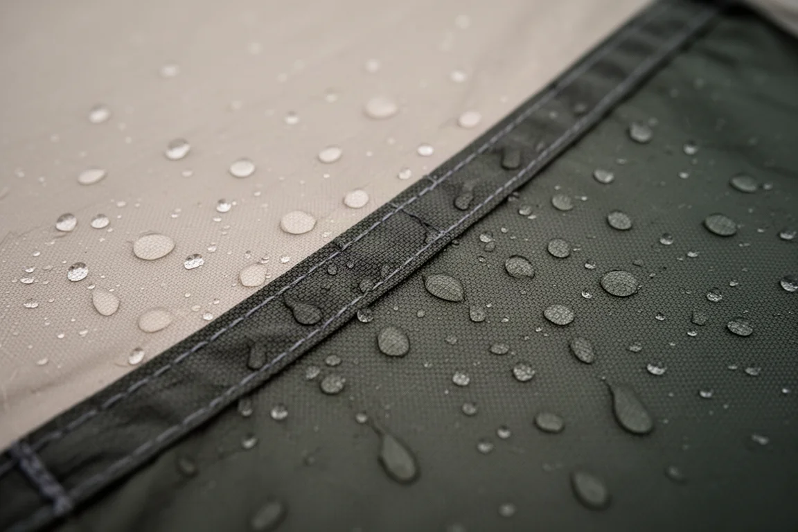 帳篷防雨罩通風口蓋片半開，布料上附著雨滴
