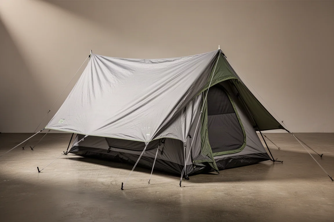 Low-profile camping tent with grey and green rainfly pitched on a concrete surface