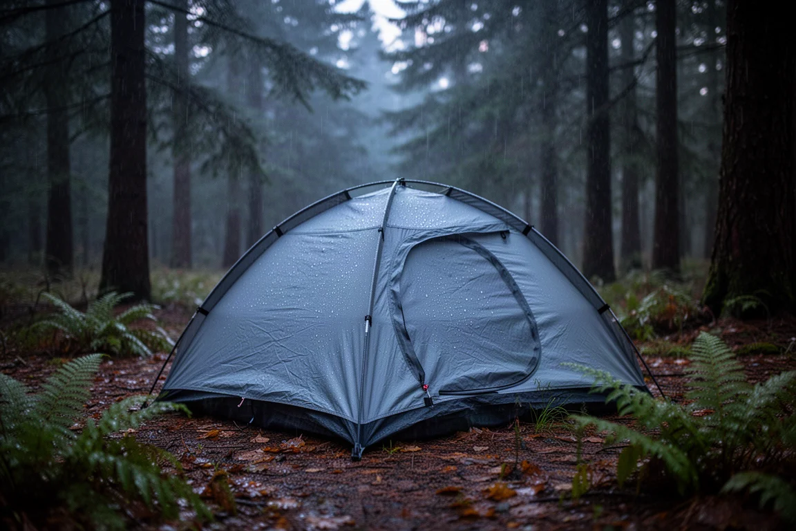 Kleines Kuppelzelt auf einer Waldlichtung bei anhaltendem Abendregen