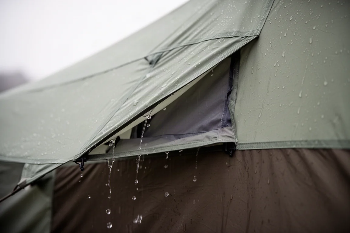 Seitlich ausgerichtete Belüftungsöffnung im Regenüberwurf mit Regen über den Stoff