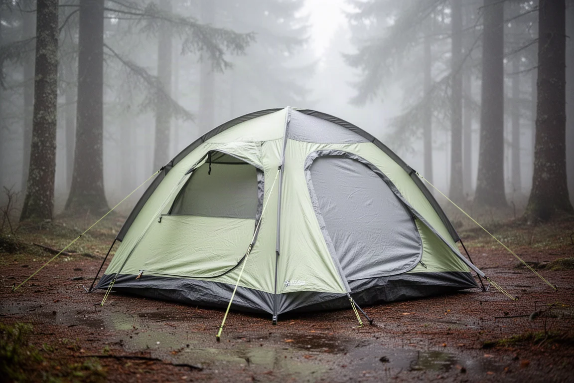 Two-person dome camping tent with full-coverage rainfly pitched in a misty forest