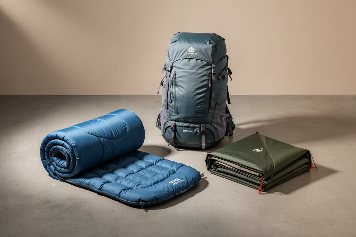 Budget backpacking kit with sleeping bag, pad, backpack and tent on concrete