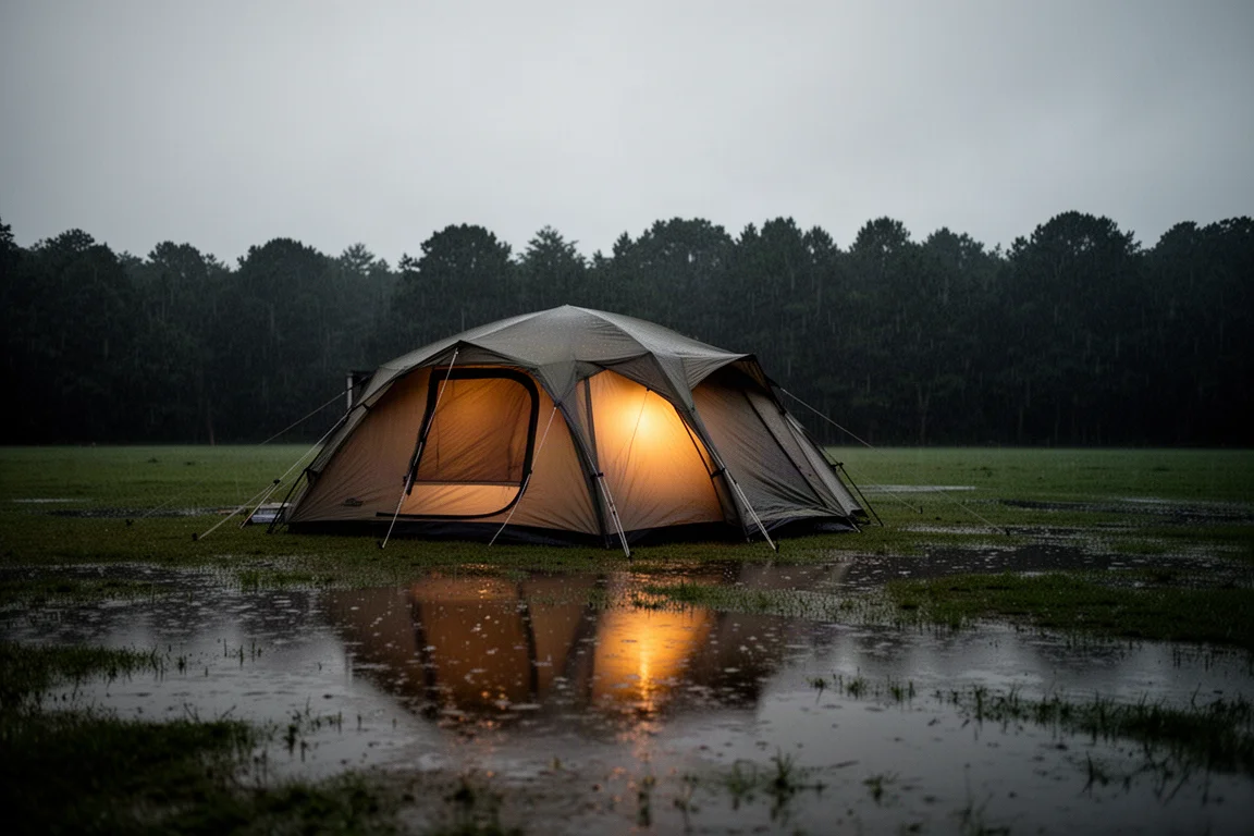 Stort tält som lyser på en våt campingplats i skymningen efter kraftigt regn