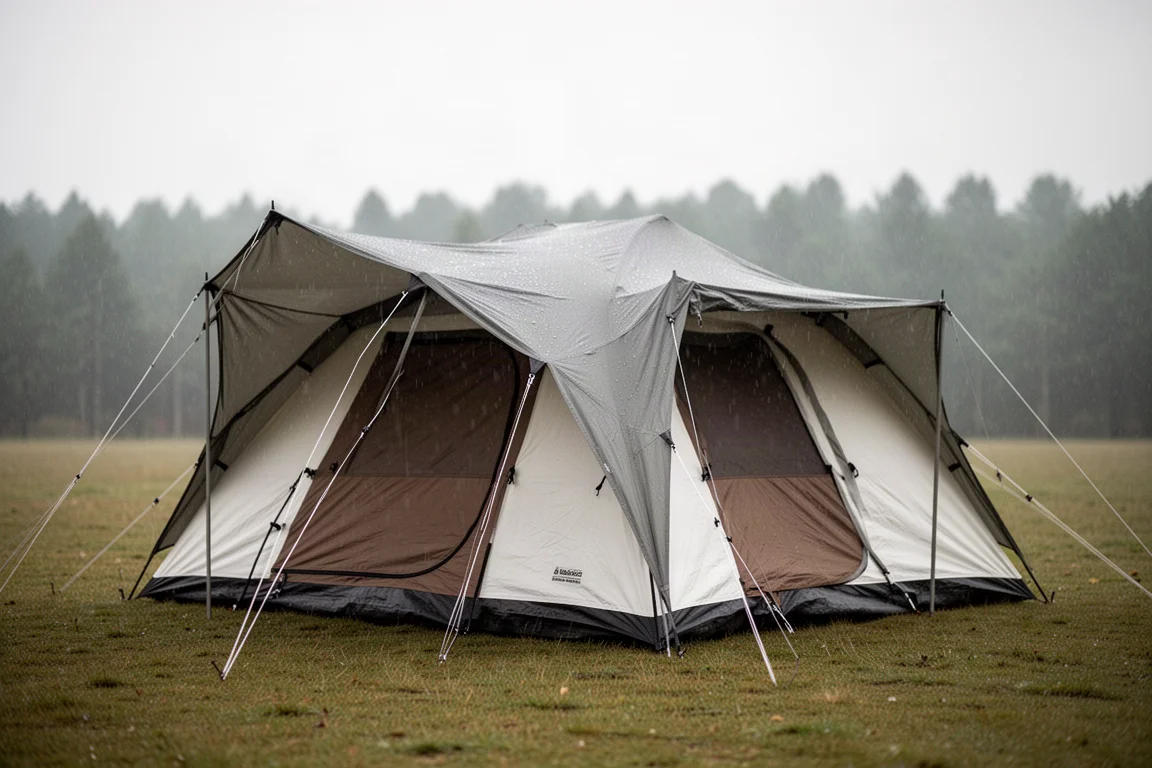 Large brown and off-white camping tent with grey rainfly pitched on a grassy clearing