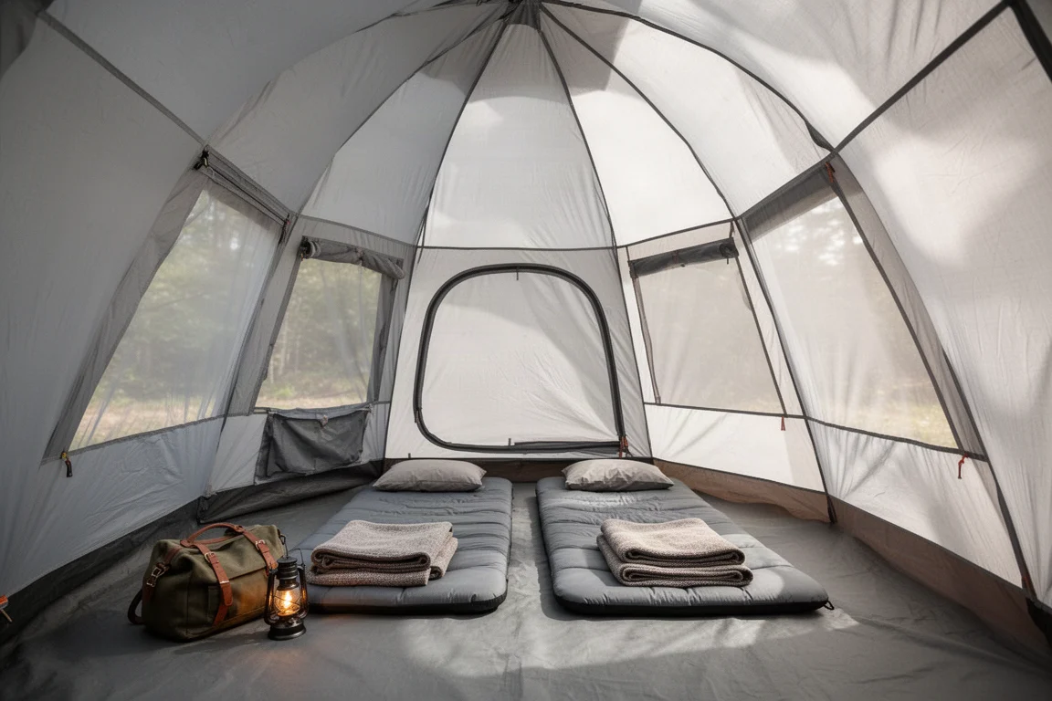 Interieur van een hoge cabine-tent met zicht op een licht plafond met mesh-panelen