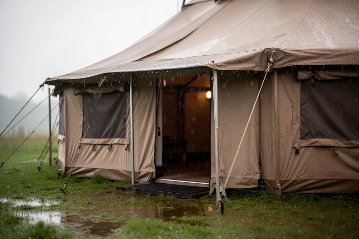 Aluminium tentstok met een gebogen uiteinde op een houten picknicktafel met rode scheerlijn