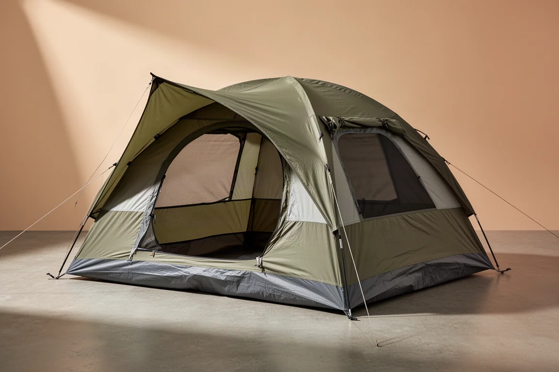 Six-person camping tent with pale green rainfly pitched on a grassy clearing at golden hour