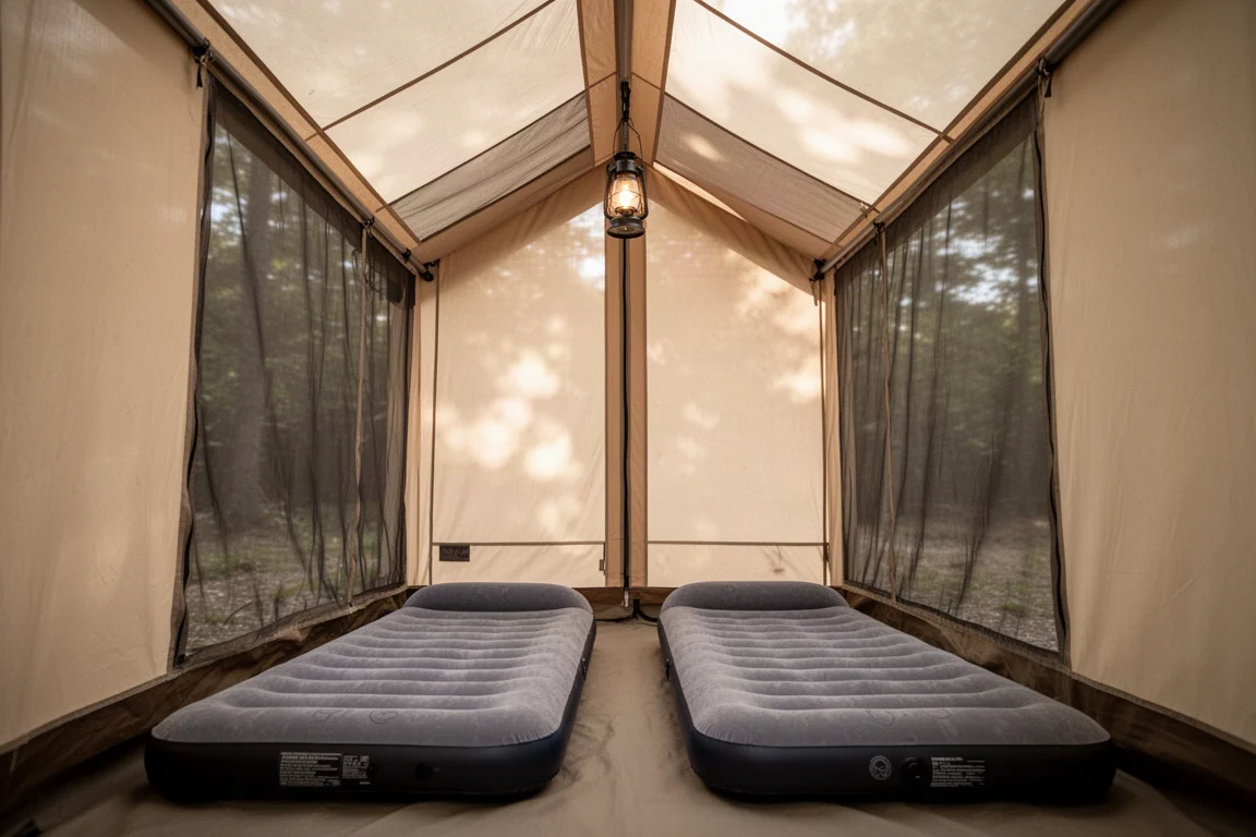 Intérieur d'une tente cabane haute avec deux matelas pneumatiques installés et une lanterne suspendue