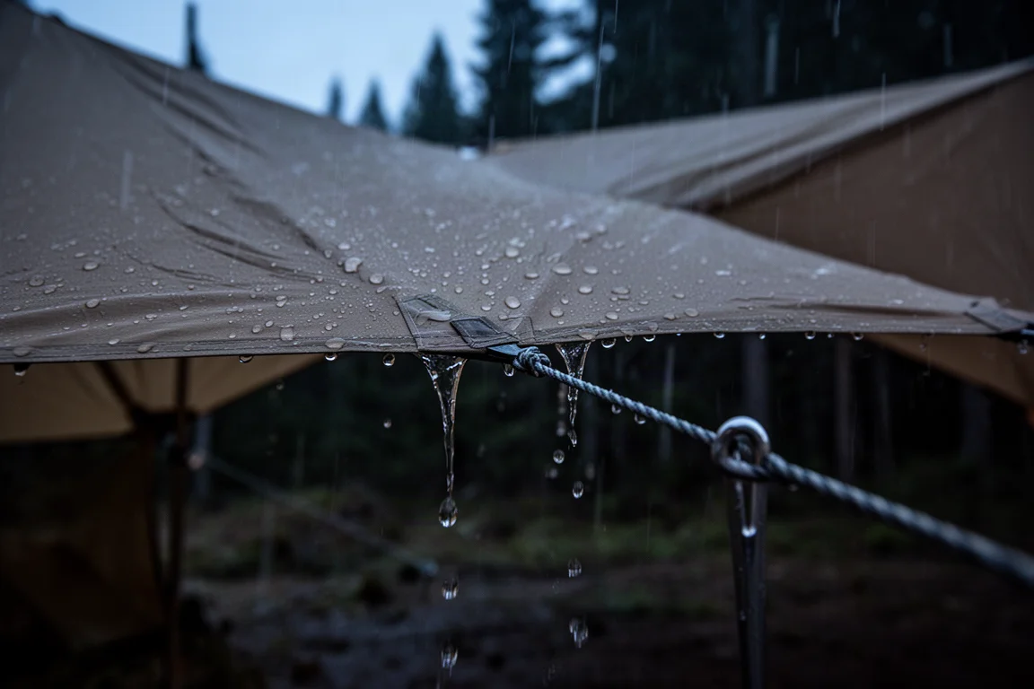 Pluie perlant et ruisselant sur une double-toiture tendue au crépuscule avec un hauban mouillé visible