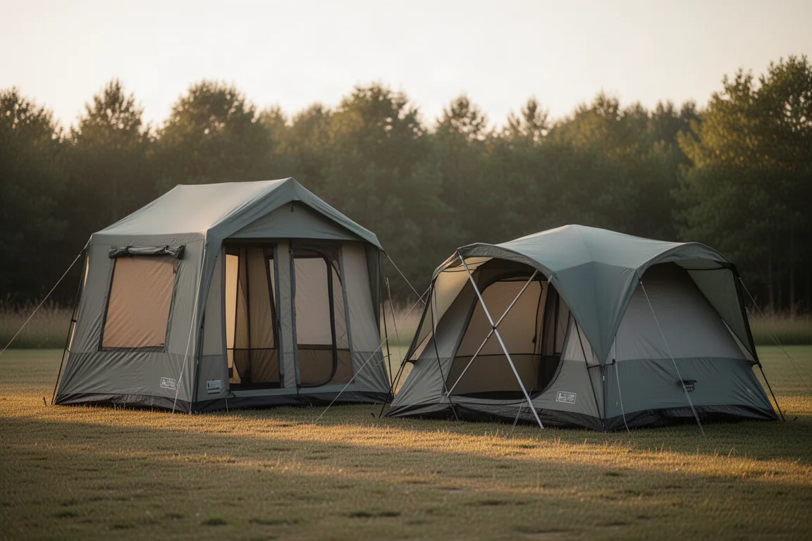 Two large six-person family tents pitched side by side on a grassy campsite clearing