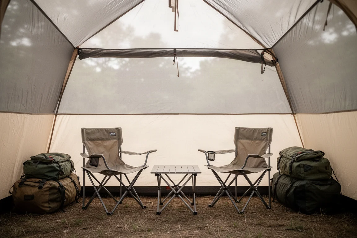Campingstühle und ein Klapptisch in einem großen Zeltvorraum aufgebaut