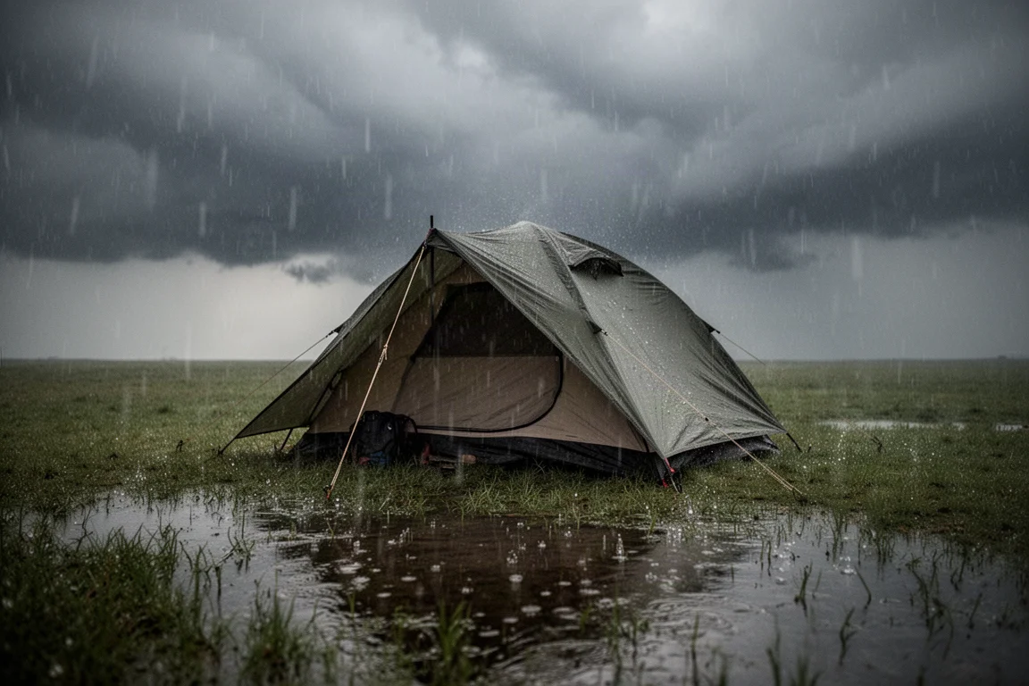 Campingplatz bei starkem Regen mit Wasseransammlung am Zeltboden