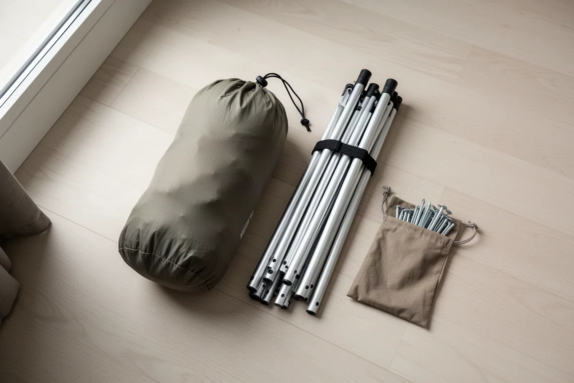 Gepackter Zeltsack und gefaltete Aluminiumgestänge auf einem Holzboden
