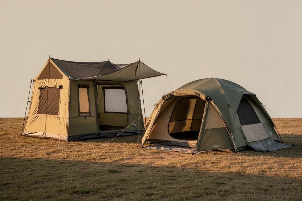 Two six-person camping tents pitched side by side on a grassy campsite at golden hour
