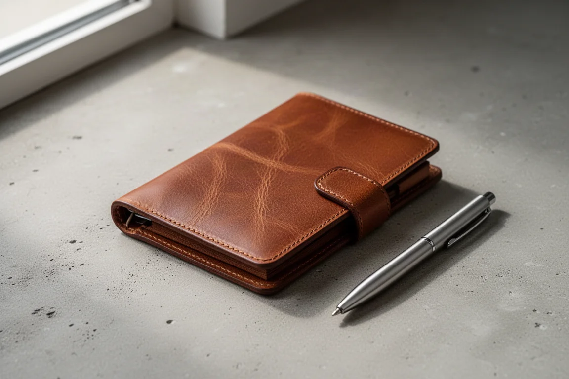Brown leather pocket system planner with natural grain on a concrete surface