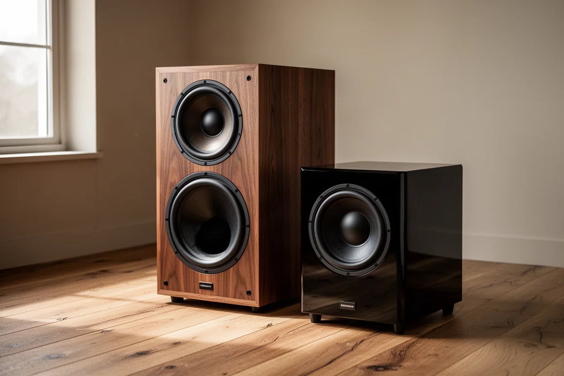 Walnut sealed subwoofer and compact gloss black subwoofer side by side on an oak floor