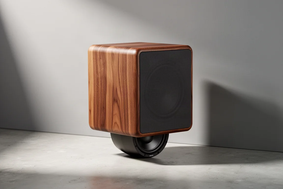 Walnut sealed subwoofer cabinet beside wooden bookshelf speakers on a pale oak floor
