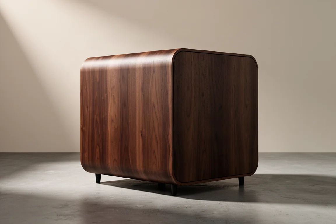 Large walnut-veneer down-firing subwoofer cabinet on a matte concrete floor