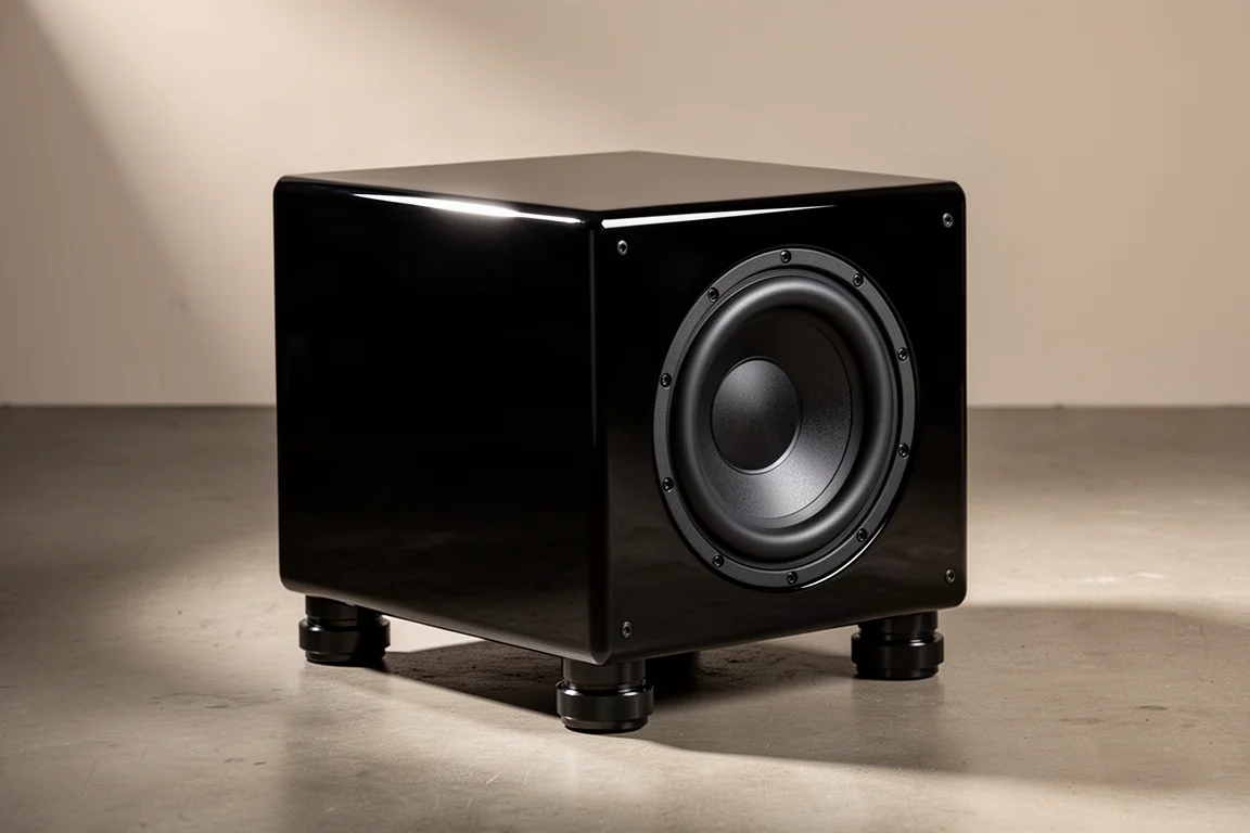 Gloss black sealed subwoofer with a 10 inch driver on chunky feet, three-quarter view