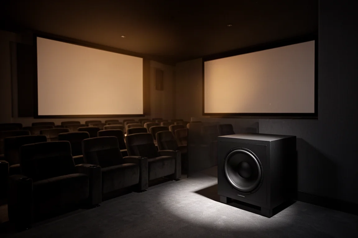 Dark home theater room with rows of seating in silhouette and a large subwoofer beside the front wall