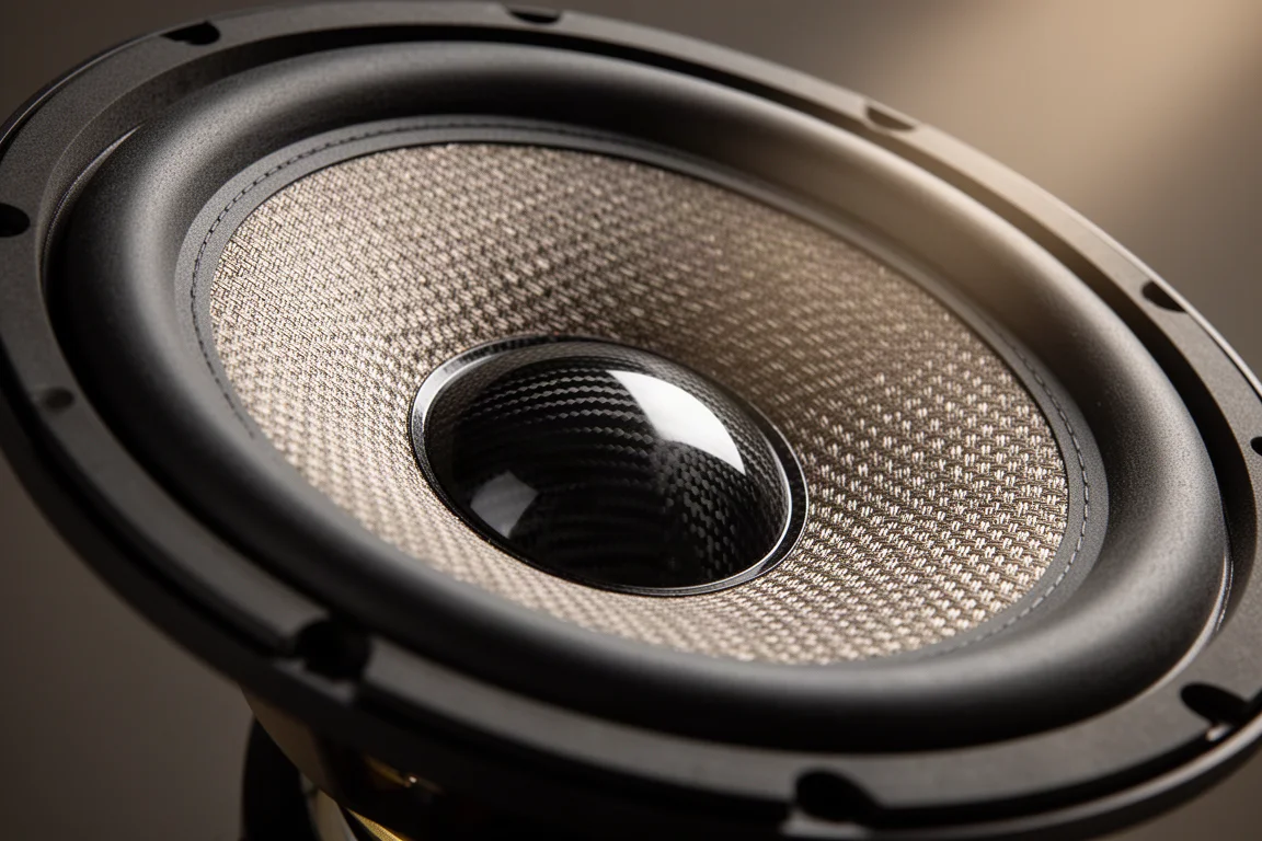 Close-up of a large woofer cone with woven glass fiber texture and a glossy carbon fiber center cap