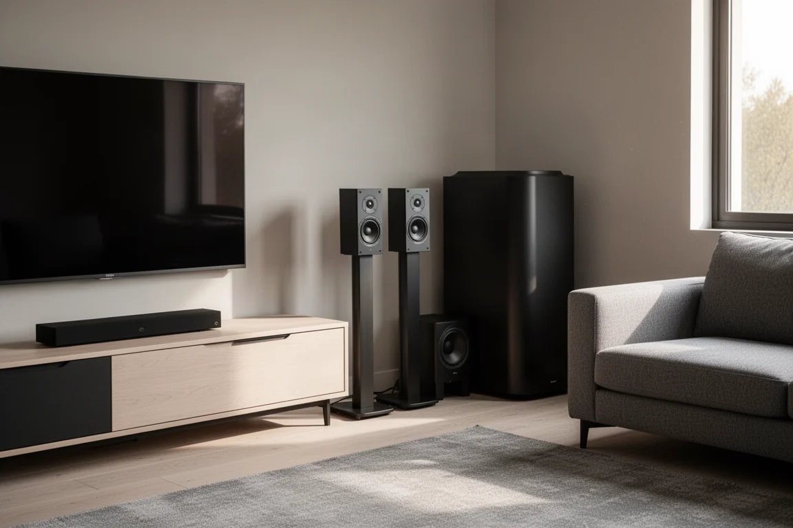 Modern living room corner with a stereo system, tower speakers, and a large subwoofer along the side wall