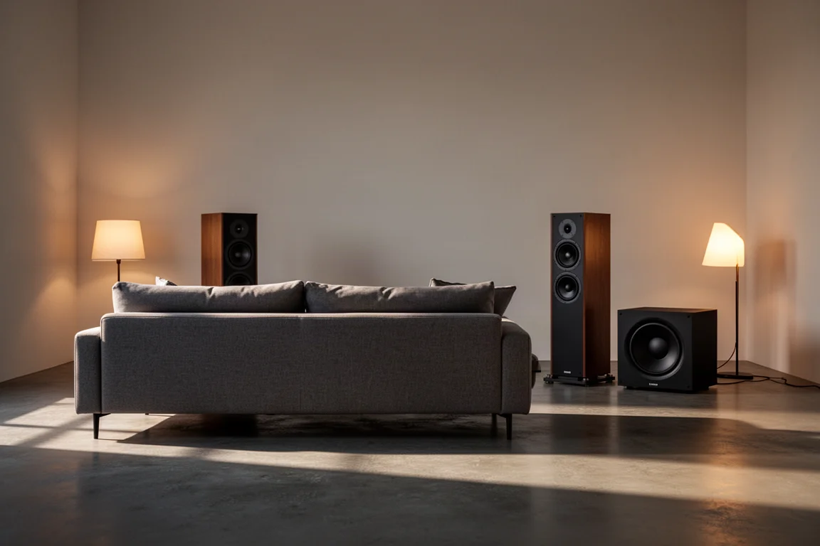 Listening room at dusk with a sofa facing tower speakers and a large subwoofer in warm lamp light