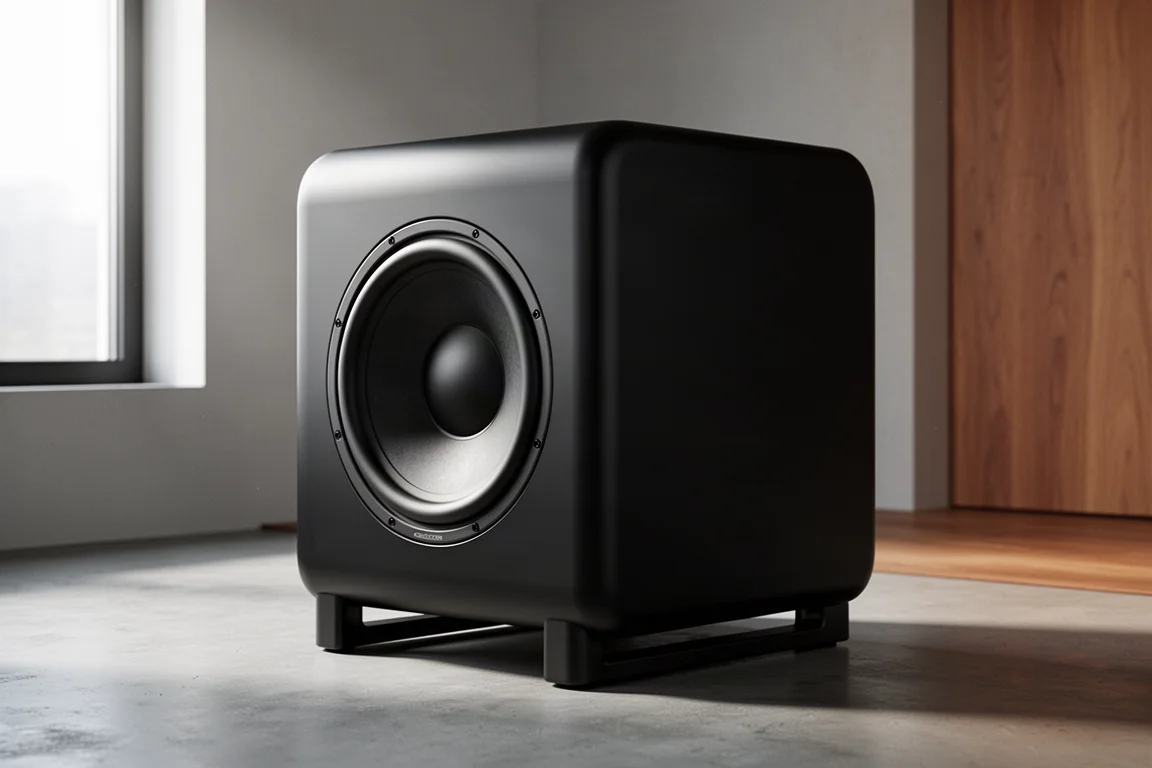 Large matte black home theater subwoofer on low rails in a minimal modern listening room