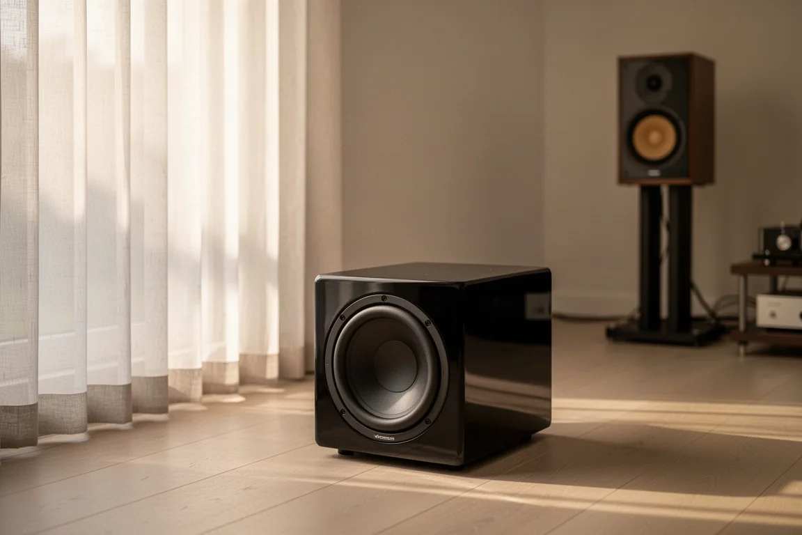 Compact gloss black subwoofer in the corner of a minimalist listening room