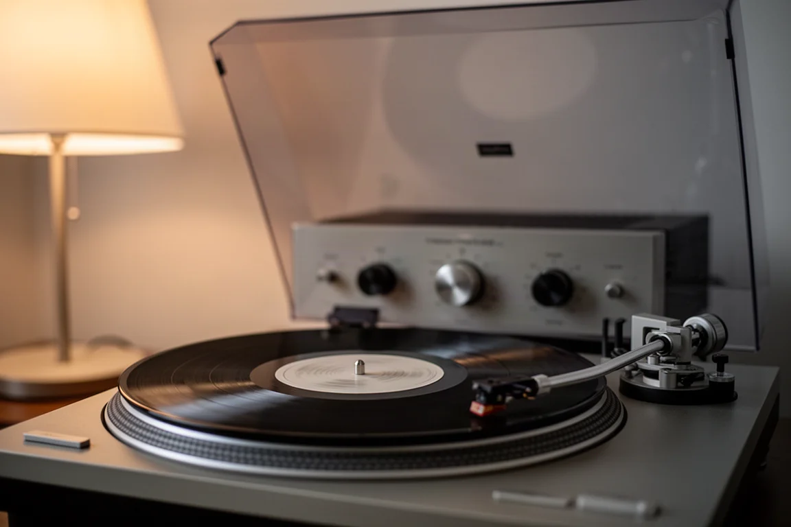 Vinyl record spinning on a turntable in a warm listening room