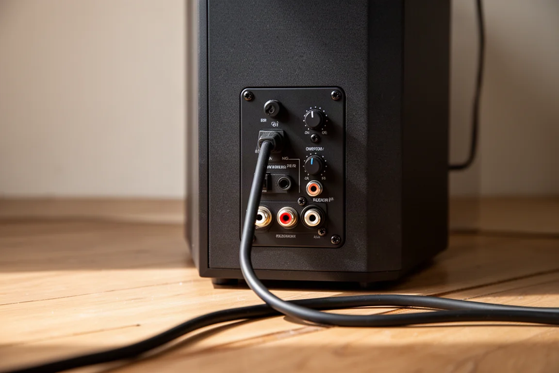 Rear panel of a subwoofer with control knobs and a connected cable